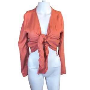 Roxy Front-Tie Long Sleeve Top Knotted Boho Surf Crop Blouse‎ Womens Size Small